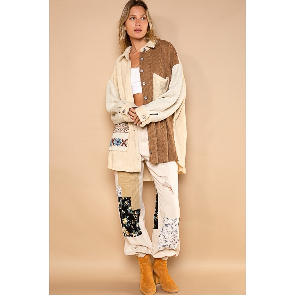 POL Beige Tan Mixed Knit Sweater Shirt | Oversized Luxe Neutral Boho Jacket - Picture 5 of 8